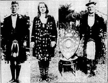Image: V. A. Staplcton Photos. HIGHLAND CHAMPIONS.—Mr. G. M'Combie, left, of Taihape, champion:sword dancer of New Zealand; Miss Gladys Smythe, of Wellington, champion lady dancer oftheSheauntnubhasjand Mr. G. Yardley, of Dunedin, champion pibroch piper and winner of the D.C.L Shield. The Mies are to nonunion championships, and ajpra iwa «« #• &«££*»« Caledonian sforjs. «* SmPm (Evening Post, 28 January 1930)