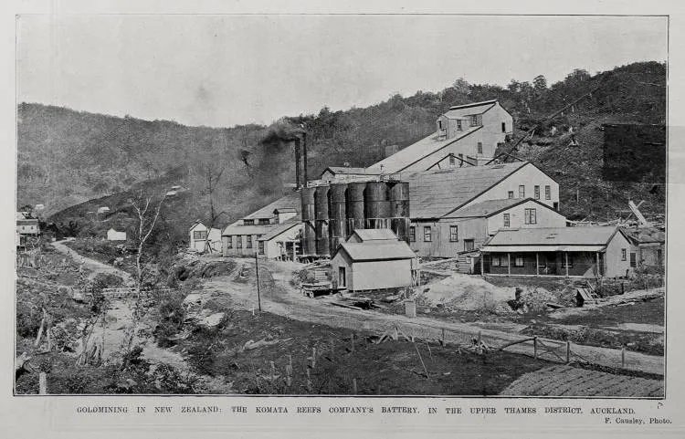 Goldmining in New Zealand: the Komata Reefs Company's battery, in the upper Thames District, Auckland