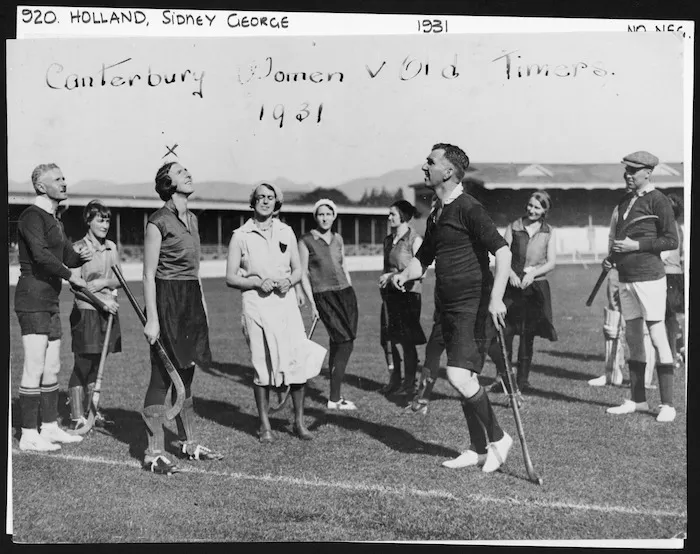Canterbury women's hockey team versus Old Timers; includes Sidney George Holland in foreground