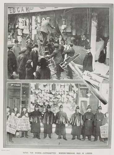 Votes for women - suffragettes' window-smashing raid in London Image: Votes for women - suffragettes' window-smashing raid in London