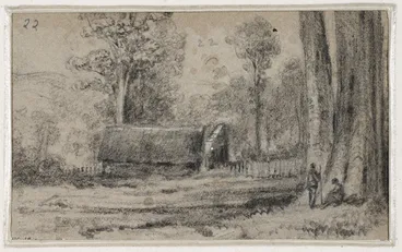 Image: Swainson, William, 1789-1855 :[Cottage, trees nearby, figures in foreground, Hutt Forest] 1845 [?]