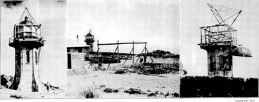 Image: NEW BEACON FOR BARING HEAD.—The lighthouse tower at the new coastal station at Baring Head, to the south-east of Pencarrow. On the left the lighthouse is shown with the lantern and dome mounted In the centre the foundations of tlie power-house are to be seen. They were commenced this week, and the completed 'building will contain machinery for providing electricity, and also the wireless room. On the right "the derrick mounted on top of, the-tower is seen lifting the sixteen-hundredweight copper dome into position. "Evening Post" Photo. PUNCH AND JUDY.—A group of children watching a Punch and Judy show at Hutt Park. "Evening Post" Photo. A LONG IBS?'.—David Lewis, with the canoe which he paddled and carried from Wanganui to Milford Beach,' Auckland. (Evening Post, 18 January 1935)