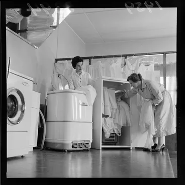 Image: Two unidentified women drying and airing undergarments, at a Lower Hutt factory, Wellington