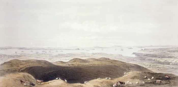 Stack, Frederick Rice :View of Auckland, New Zealand, from the crater of Mount Eden / drawn from nature by F R Stack... ; Day & Son, lithrs to the Queen. - London ; Day & Son, 1862.