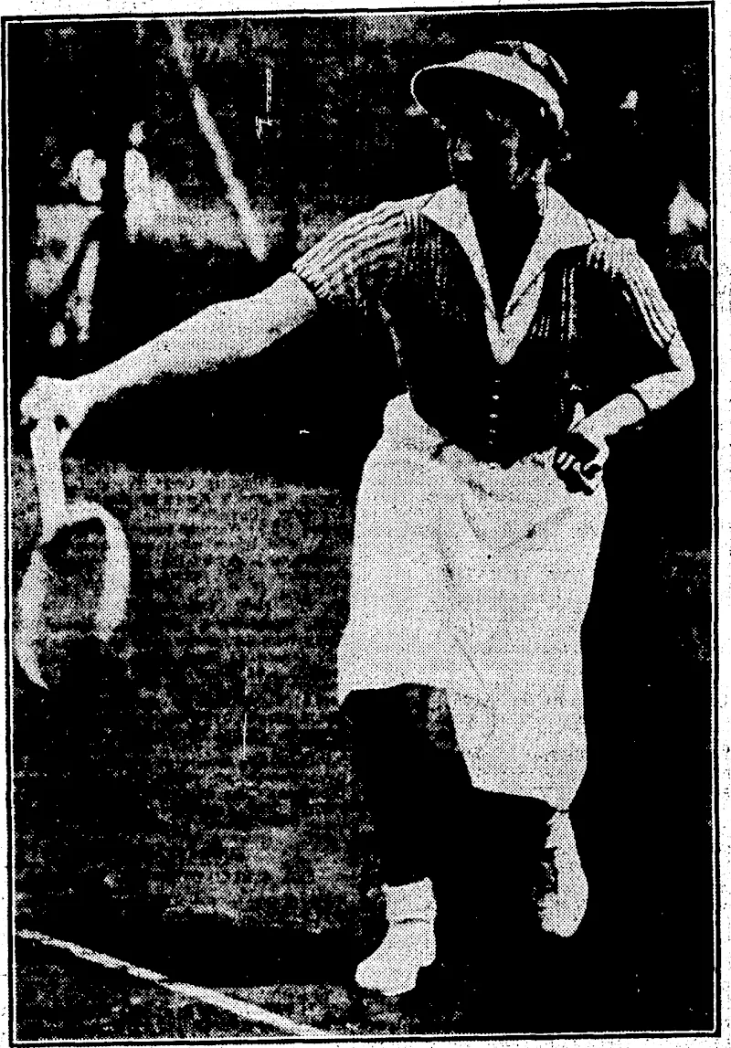 Sport and General" Phota. NEW ENGLISH TENNIS STAR.—Miss Mary Aardwick, the 21-year-old "find" who recently won the singles, the doubles with Miss Betty Nuthall, and the'mixed doubles with a Japanese player as partner, at the covered courts tournament at Queen's Club, London. Experts hail her as an English combination of Helen -Wills Moody and Suzanne Lenglen. (Evening Post, 20 April 1935)
