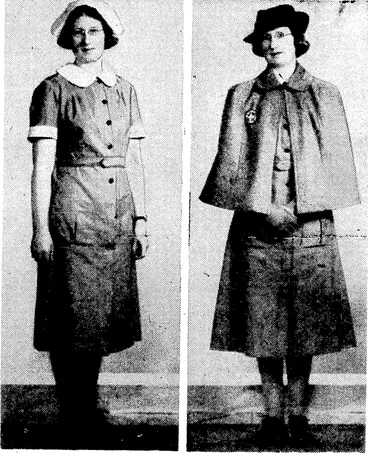 Image: New indoor (left) and outdoor uniforms which have been adopted by the St. John Ambulance Brigade in New Zealand. The materials for costumes, stockings, and gloves are grey, and the cape is lined with scarlet. The short sleeves on the indoor uniform, trimmed with white, have been adopted for hospital and home nursing work. The indoor cap~is known as the "Lambie" nursing cap. The outdoor hat, which is black, is after the style of the Canadian model. The black arm badges have now given place to the much smarter St. John Ambulance Brigade badge. (Evening Post, 30 August 1939)