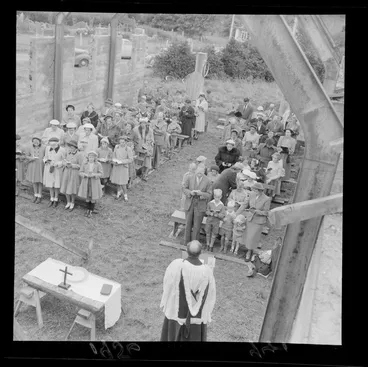 Image: Church service being conducted in an unfinished church in Stokes Valley, Hutt Valley