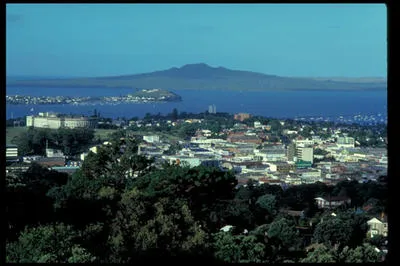 [Looking across Newmarket to Rangitoto Island]