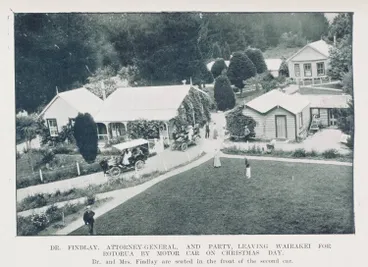 Image: Dr. Findlay, attorney-general, and party, leaving Wairakei for Rotorua by motor car on Christmas day