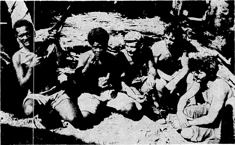 A native guide exhibits a captured Japanese rifle to New Zealand soldiers on Vella Lavella, (Evening Post, 18 November 1943)