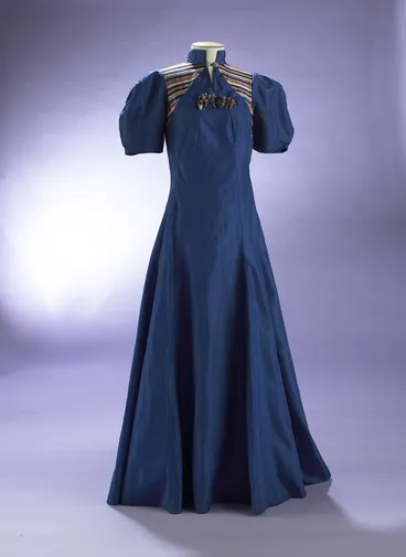 Image: Dress; blue taffeta evening dress
