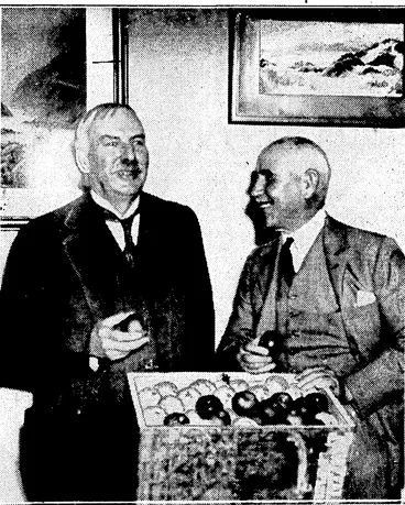 Image: Sport and General" Photo. THE MILLIONTH CASE.—Lord Rutherford (left) and'the High Commissioner for New Zealand, Sir James Parr, sampling the millionth case of apples exported last season from Nelson. Lord Rutherford is a native of Nelson, and fruit growers in that district made him a present of the millionth case. . . (Evening Post, 22 August 1934)