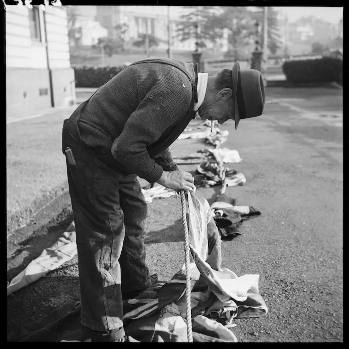 Preparing flags for VE day in Wellington
