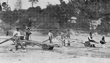 Image: Shetlanders beachcombing blacksand for gold at Nine Mile Beach, West Coast