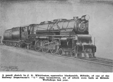 Image: A pencil sketch by J. B. Whittleston, apprentice blacksmith, Hillside, of one of the Railway Department's “G” class locomotives, six of which were built at Hillside Workshops last year