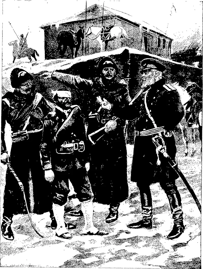 EBOBMGNAG XN THE SANDS OF LILLIPUT: A RUSSIAN SOLDIER LILLIPUT IN THE HANDS OF BROBDIGNAG—A CONTRAST: CAPTURED  CAPTURED BY A JAPANESE OUTPOST. JAPANESE SOLDIER IK THE HANDS OF A RUSSIAN OUTPOST  (From the Illustrated London News.) (Otago Witness, 15 June 1904)