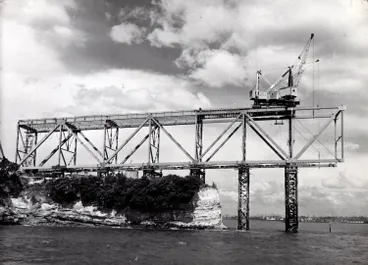 Image: Northern anchorage under construction, Auckland Harbour Bridge, Northcote Point.
