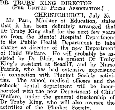 Image: DR TRUBY KING DIRECTOR. (Otago Daily Times 26-7-1920)