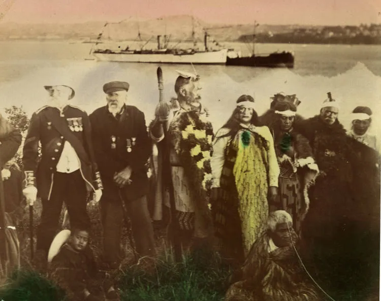 Hapi te Pataka and other dignitaries at the flagstaff ceremony, Northcote Point, 1908