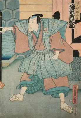 Actors Sawamura Tanosuke III as Koshimoto Okaru, Bandō Hikosaburō V as Hayano Kanpei, and Nakamura Gantarō as Sagisaka Bannai