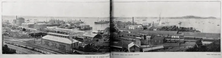 Panoramic view of Auckland harbour and waterfront showing Frisco Mail steamer arriving