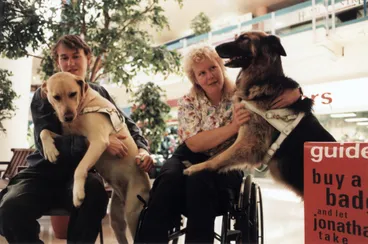 Image: Blind foundation annual appeal; Reagan Shortall, Genevieve Carroll with their guide dogs.