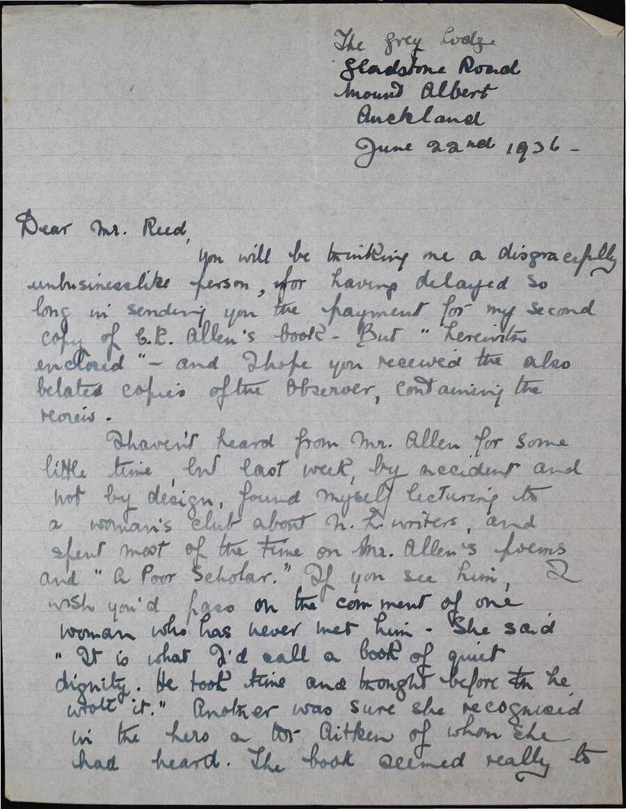 Correspondence from Robin Hyde (Iris Wilkinson) to Mr Reed. 22 June, 1936