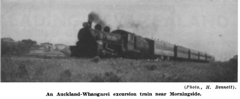 (Photo., H. Bennett). — An Auckland-Whangarei excursion train near Morningside