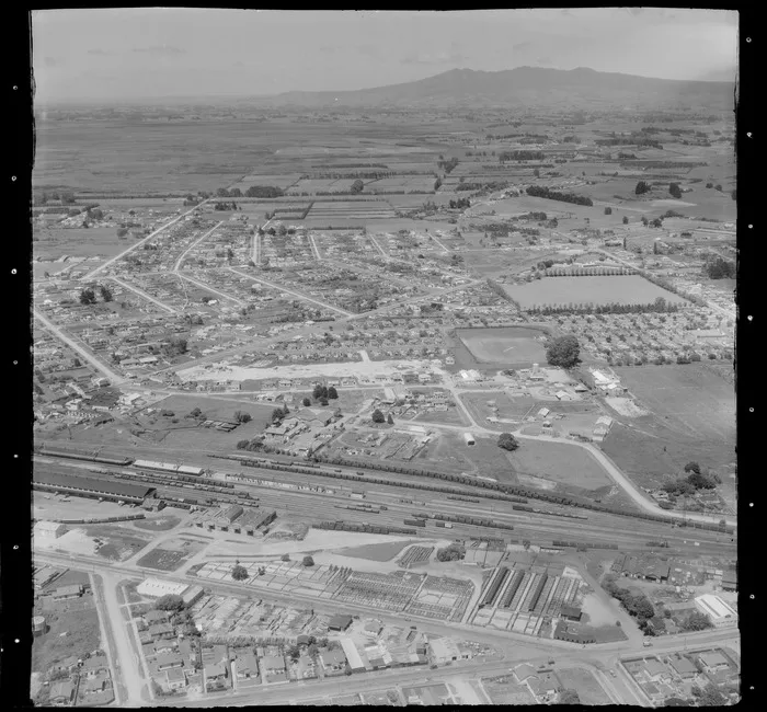 Hamilton City, Kent Street and the railway yards at Frankton, with Massey Street and Swarbrick Park beyond, Waikato Region