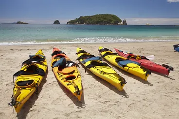Kayaks on Beach, Hahei, Coromandel Peninsula, North Island, New Zealand Image: Kayaks on Beach, Hahei, Coromandel Peninsula, North Island, New Zealand