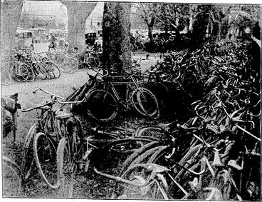 Image: Green and Habn, Photo. A vaned assortment of bicycles outside Christ's College yesterday afternoon^urinn the football match between Christ's College and Christchurch Boys' High (Evening Post, 05 July 1929)