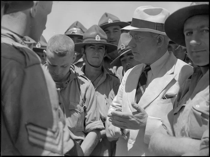 Prime Minister Peter Fraser with NZ soldiers, Egypt