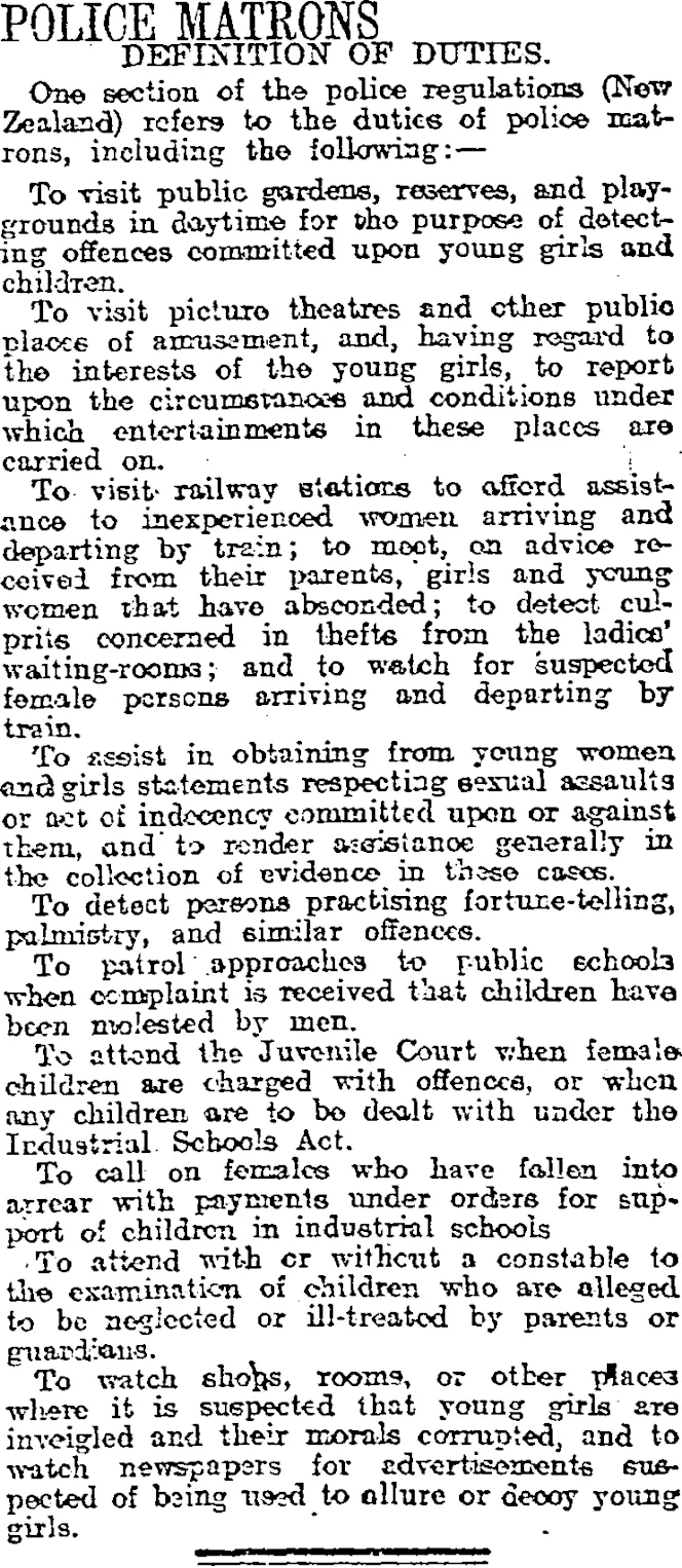 POLICE MATRONS (Otago Daily Times 25-9-1919)