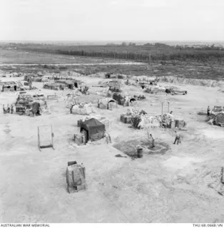 BIEN HOA PROVINCE, SOUTH VIETNAM. 1968-06. AERIAL VIEW OF FIRE SUPPORT BASE (FSB) CONCORD, TEMPORARY HOME OF 4RAR /NZ (ANZAC) (THE ANZAC BATTALION COMPRISING 4TH BATTALION, THE ROYAL AUSTRALIAN ..