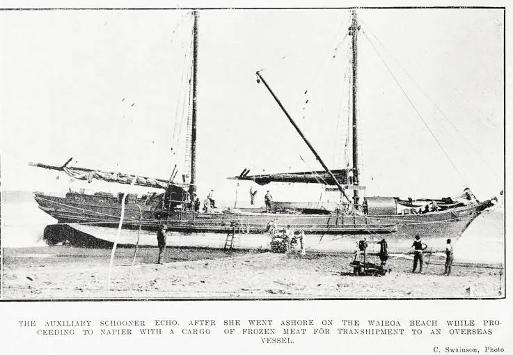 The auxiliary schooner Echo, after she went ashore on the Wairoa beach while proceeding to Napier with a cargo of frozen meat for transhipment to an overseas vessel