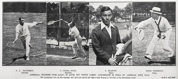 Australia triumphs over Japan in Davis Cup tennis games: contestants in final of American zone play. P. Ohara Wood, Australia