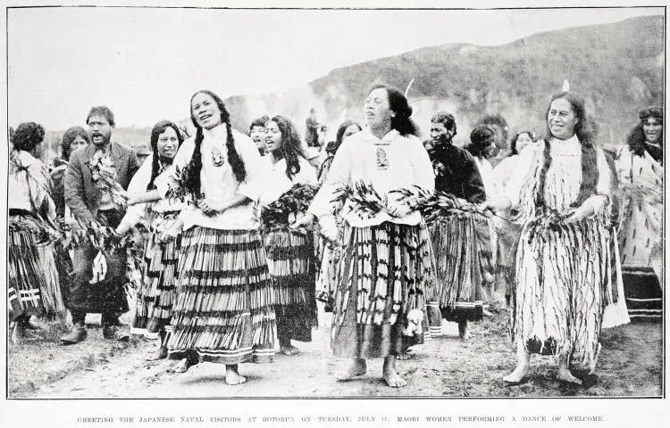 Greeting the Japanese naval visitors at Rotorua on Tuesday, July 11: Māori women performing a dance of welcome