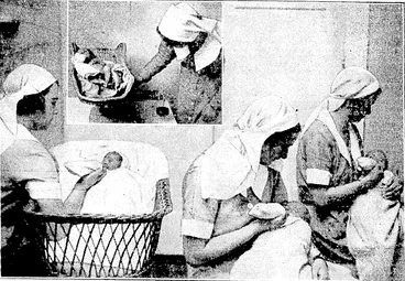 Image: Evening Post" Photo. AT KARITANE.— Nurses feeding some of the infants at Karilane Hospital, Melrose Hill. Inset, weighing a baby, one of the daily tasks while the child remains in hospital. Visitors tomorrow will "be shown round the hospital and grounds by the nurses. The factory where the well-known Plunket foods are prepared ivill also be open for inspection, and visitors will be able to watch the processes. (Evening Post, 13 November 1935)