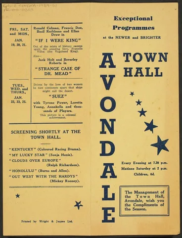 Image: Avondale Town Hall. Exceptional programmes at the newer brighter Avondale Town Hall. Printed by Wright & Jaques Ltd [Auckland. Programme card for 22 December 1939 - 25 January 1940].
