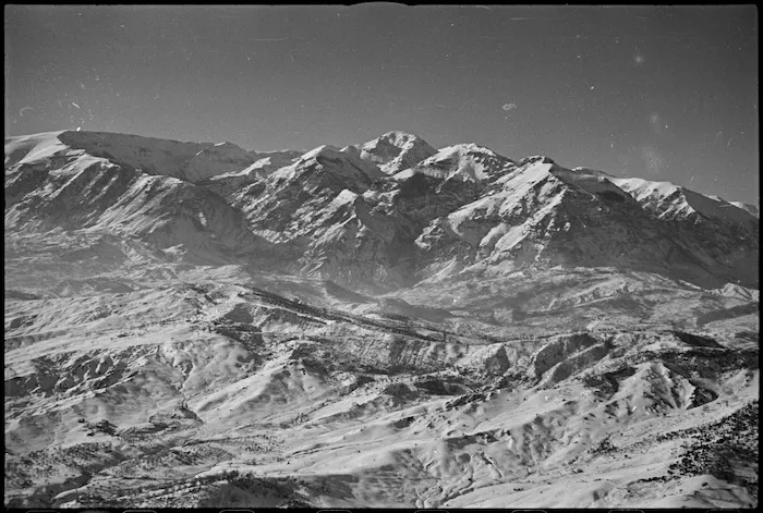 Aerial view of the mountain area where the NZ Division was engaged on the Sangro River Front in Italy, World War II - Photograph taken by George Kaye