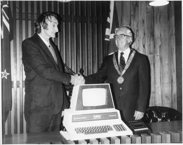 Presentation of Computer to Feilding Library, c. 1981 Image: Presentation of Computer to Feilding Library, c. 1981