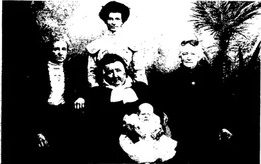 Image: FIVE GENERATIONS.  Great-great-grandmother, Mrs John Christie (tialclutha North); great-grandmother, Mr 9 John Christie (Totara, Oamaru); grandmother, Mrs George Woods (Stirling); lady standing, Mrs Chas. Morgan (Stirling); baby, Hazel Myrtle Isobel Morgan (Stirling^ (Otago Witness, 13 February 1907)