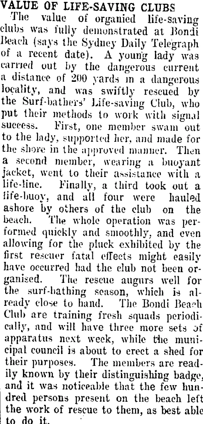 VALUE OF LIFE-SAVING CLUBS (Taranaki Daily News 1-10-1907)