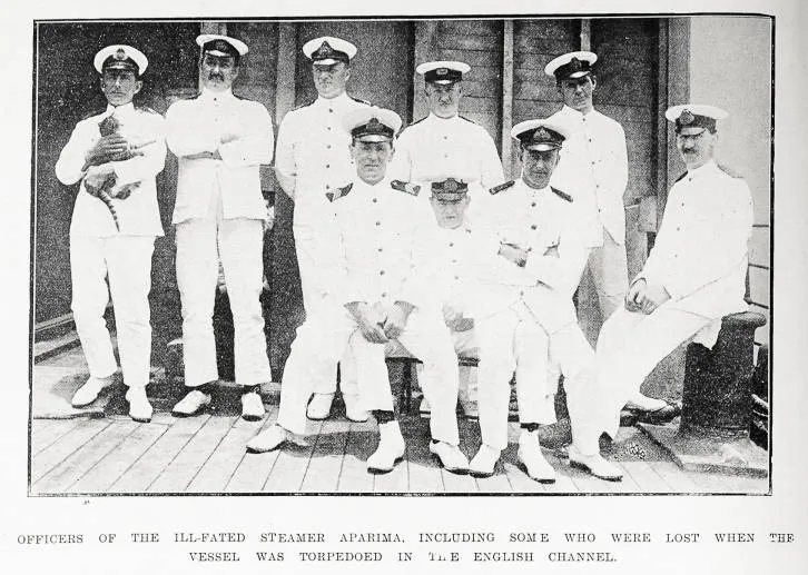 Officers of the ill-fated steamer Aparima, including some who were lost when the vessel was torpedoed in the English Channel