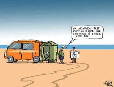 Image: Hawkey, Allan Charles, 1941- :'I'm unconvinced that erecting a camp site sign makes it a legal camp site.' 11 January 2013