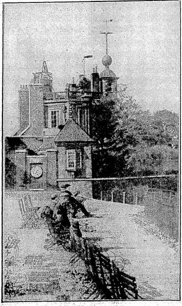 Image: GREENWICH OBSERVATORY.—The Great Clock and Porter's Lodgc,^ with Flamsteed .House beyond. (Evening Post, 08 May 1931)