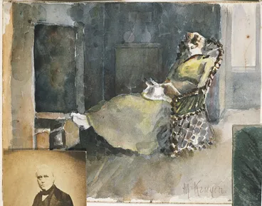 Image: Kenyon, May, b 1868 :[Woman reading beside hearth. ca 1890]