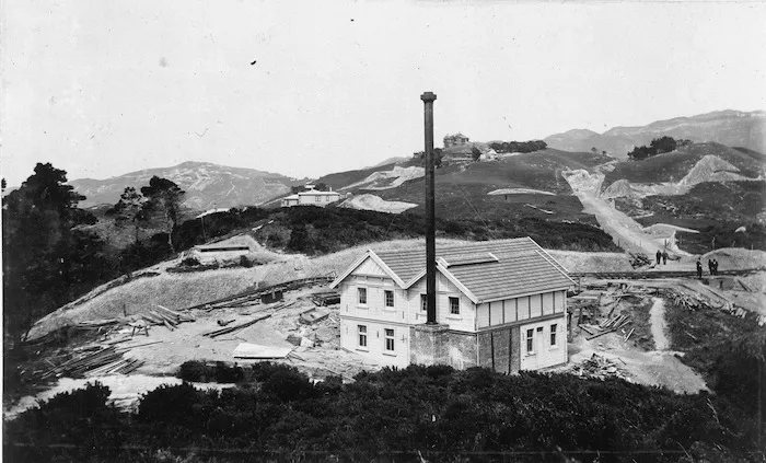 Cable car power house, Kelburn, Wellington, and cable car line under construction