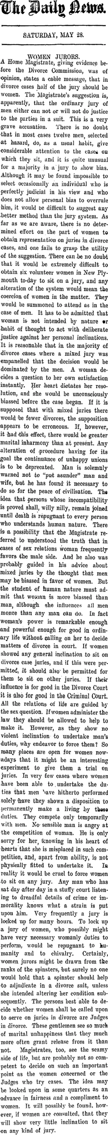 Image: The Daily News. SATURDAY, MAY 28. WOMEN JURORS. (Taranaki Daily News 28-5-1910)