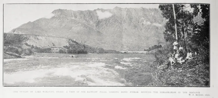 The outlet of Lake Wakatipu, Otago: a view of the Kawarau Falls, looking down stream, showing the Remarkables in the distance